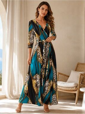 Teal & Black Print Wrap Maxi Dress